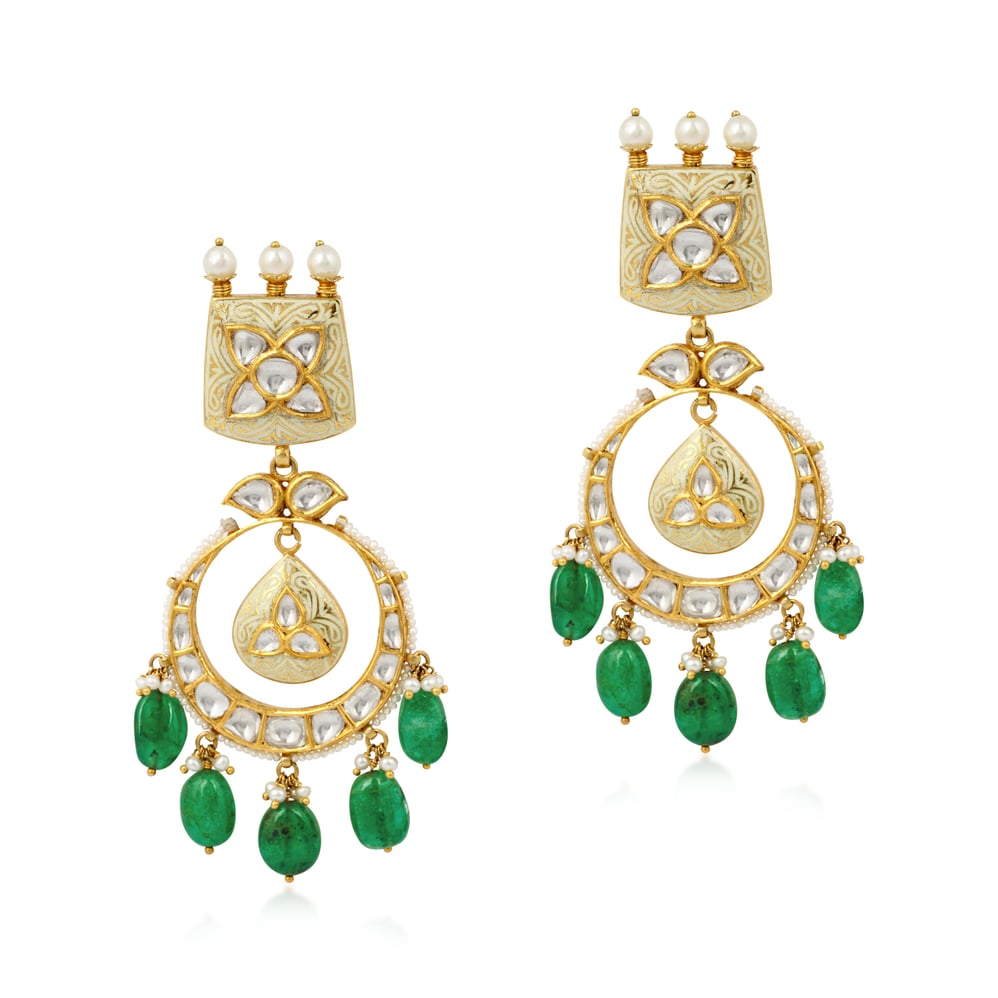Ivory Enamel Chandbali Earrings with Polki, Emeralds, and Pearls